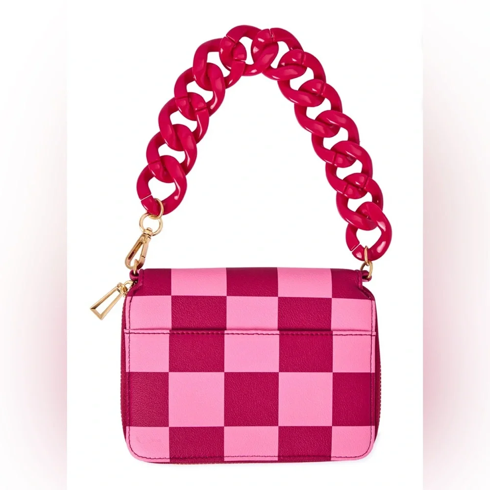 Pink light pink checkered acrylic chainlink wristlet purse clutch wallet new
